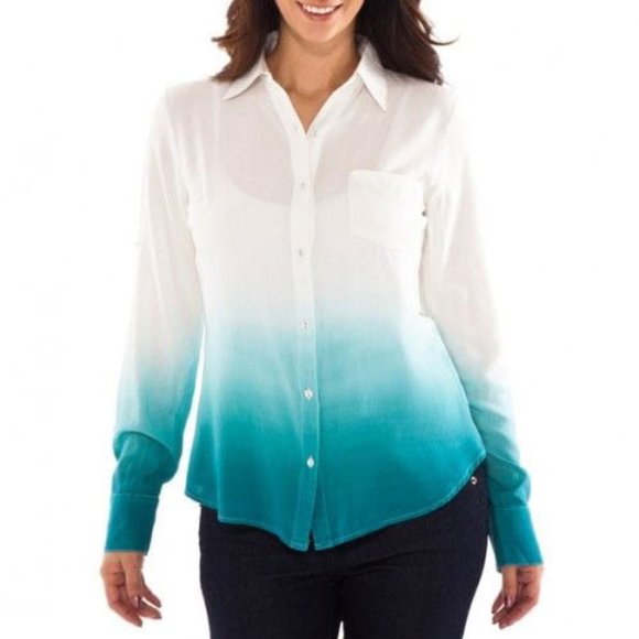 Ya Los Angeles Turquoise White Dip Dyed Blouse - Picture 1 of 2